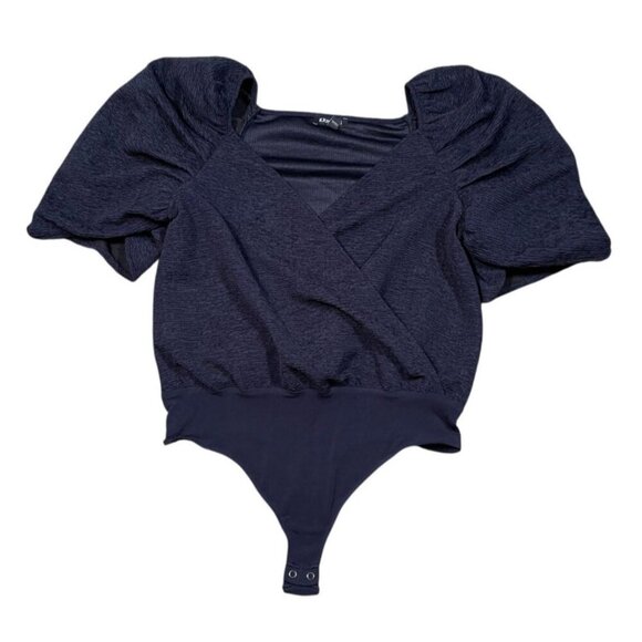 Express Navy Puff Sleeve Textured Sweetheart Neck Bodysuit SIZE-MEDIUM - Picture 2 of 8